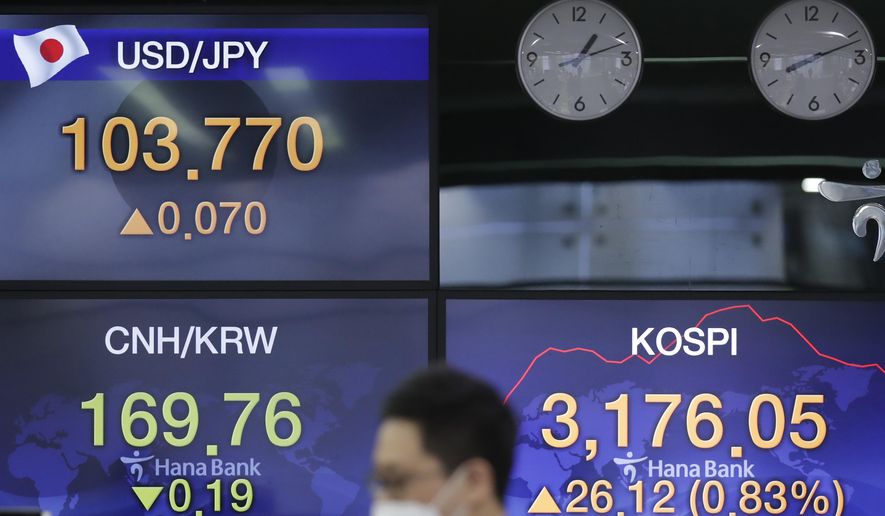 A currency trader walks by the screens showing the Korea Composite Stock Price Index (KOSPI), right, and the foreign exchange rates at the foreign exchange dealing room in Seoul, South Korea, Friday, Jan. 15, 2021. Asian shares were mixed on Friday after a late slide in several Big Tech stocks left major indexes lower on Wall Street. (AP Photo/Lee Jin-man)