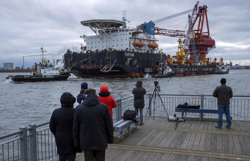 Tugs pull the Russian pipe-laying vessel &amp;quot;Fortuna&amp;quot; out of the harbor and into the Baltic Sea at the port of Wismar, Germany, Thursday, Jan 14, 2021. The special vessel is being used for construction work on the German-Russian Nord Stream 2 gas pipeline in the Baltic Sea. ( Jens Buettner/dpa via AP) ** FILE **