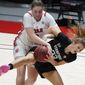 Utah forward Andrea Torres, rear, and Stanford guard Hannah Jump (33) battle for a rebound in the second half during an NCAA college basketball game Friday, Jan. 15, 2021, in Salt Lake City. (AP Photo/Rick Bowmer)