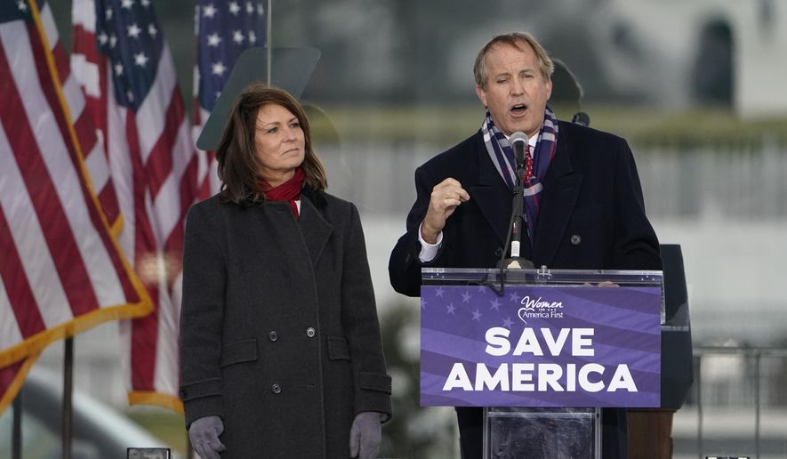 FILE - This Jan. 6, 2021 file photo, Texas Attorney General Ken Paxton speaks in Washington, at a rally in support of President Donald Trump.  In December, Paxton filed legal papers attempting to overturn the results of the presidential election based on unfounded claims of election fraud in four states that supported President Donald Trump in 2016 but elected Joe Biden president in 2020. The Republican attorneys general for 17 other states made legal filings supporting his effort, which was rejected by the U.S. Supreme Court. (AP Photo/Jacquelyn Martin, File)