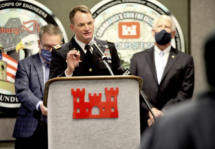Col. Robert Hilliard, commander, U.S. Army Corps of Engineers Vicksburg District, speaks during a press conference Monday, Jan. 11, 2021, organized by the Environmental Protection Agency at the U.S. Army Corps of Engineers Vicksburg District facility in Vicksburg, Miss. (Tim Reeves/The Vicksburg Post via AP)