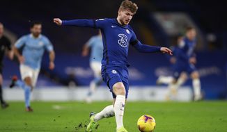 Chelsea&#39;s Timo Werner controls the ball during the English Premier League soccer match between Chelsea and Manchester City at Stamford Bridge, London, England, Sunday, Jan. 3, 2021. (AP Photo/Ian Walton/Pool)