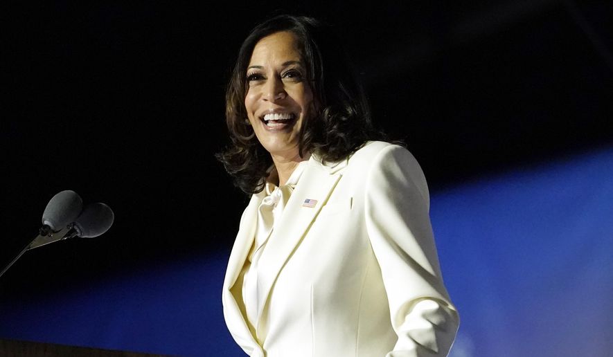 In this Nov. 7, 2020, file photo Vice President-elect Kamala Harris speaks in Wilmington, Del. Harris will make history Wednesday, Jan. 20, 2021, when she becomes the nation’s first Black, South Asian and female vice president. (AP Photo/Andrew Harnik, File)