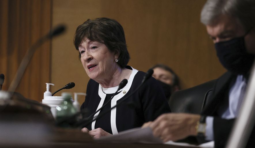 Sen. Susan Collins, R-Maine, speaks during a confirmation hearing for President-elect Joe Biden’s pick for national intelligence director Avril Haines before the Senate intelligence committee on Tuesday, Jan. 19, 2021, in Washington. (Joe Raedle/Pool via AP) **FILE**