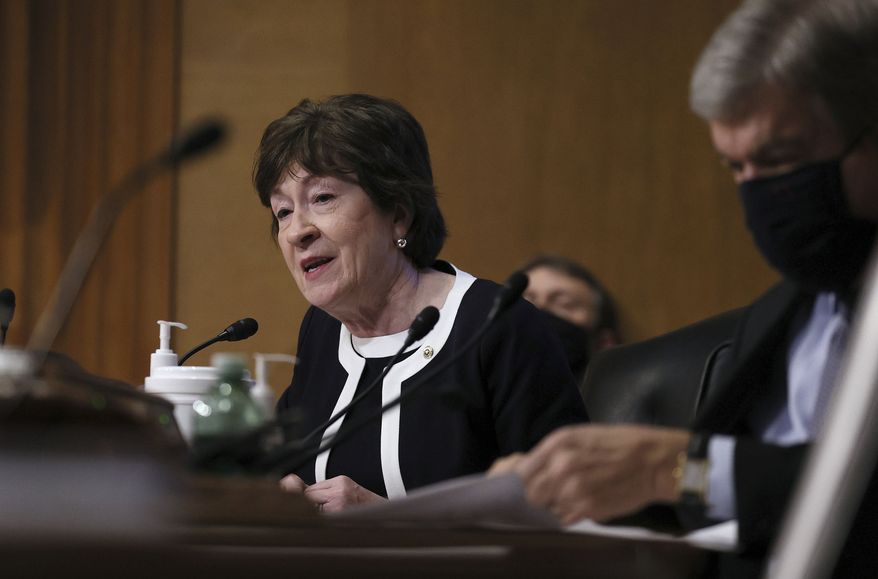 Sen. Susan Collins, R-Maine, speaks during a confirmation hearing for President-elect Joe Biden’s pick for national intelligence director Avril Haines before the Senate intelligence committee on Tuesday, Jan. 19, 2021, in Washington. (Joe Raedle/Pool via AP) **FILE**
