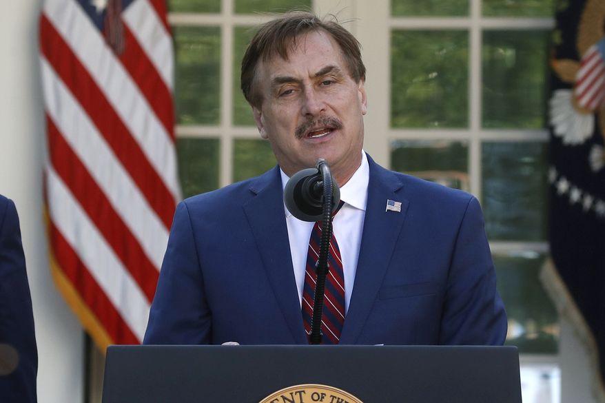 In this March 30, 2020 file photo, My Pillow CEO Mike Lindell speaks about the coronavirus in the Rose Garden of the White House in Washington. (AP Photo/Alex Brandon)