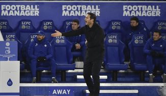 Chelsea&#39;s head coach Frank Lampard reacts during the English Premier League soccer match between Leicester City and Chelsea at the King Power Stadium in Leicester, England, Tuesday, Jan. 19, 2021. (AP Photo/Rui Vieira, Pool)