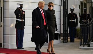 President Donald Trump and first lady Melania Trump walk to board Marine One on the South Lawn of the White House, Wednesday, Jan. 20, 2021, in Washington. Trump is en route to his Mar-a-Lago Florida Resort. (AP Photo/Alex Brandon)
