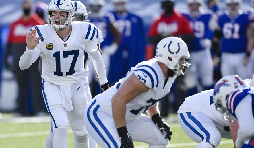 Indianapolis Colts quarterback Philip Rivers (17) calls out to his teammates during the first half of an NFL wild-card playoff football game against the Buffalo Bills, Saturday, Jan. 9, 2021, in Orchard Park, N.Y. (AP Photo/Adrian Kraus)