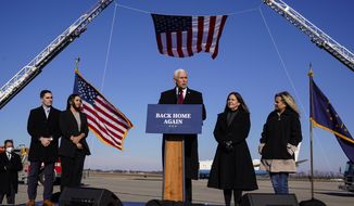 Former Vice President Mike Pence speaks after arriving back in his hometown of Columbus, Ind., Wednesday, Jan. 20, 2021.  (AP Photo/Michael Conroy)  **FILE**