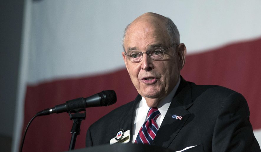 FILE - In this June 3, 2017, file photo, North Carolina Republican Party Chairman Robin Hayes speaks during the North Carolina Republican Party State Convention at the Wilmington Convention Center in Wilmington, N.C. The former North Carolina congressman and state Republican Party leader who lied to FBI agents about a bribery scandal received a pardon on Wednesday, Jan. 20, 2021, from outgoing President Donald Trump. (AP Photo/Mike Spencer, File)