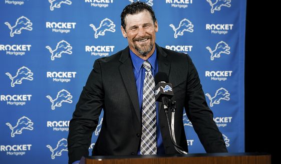 In this image provided by the Detroit Lions, Detroit Lions head coach Dan Campbell speaks during a news conference via video on his first day at the NFL football team&#39;s practice facility, Thursday, Jan. 21, 2021 in Allen Park, Mich. (Detroit Lions via AP).