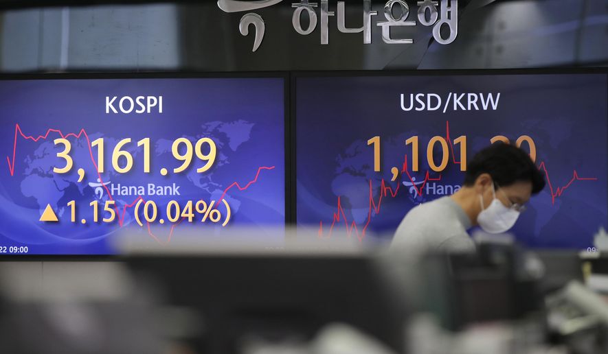 A currency trader walks by the screens showing the Korea Composite Stock Price Index (KOSPI), left, and the foreign exchange rate between U.S. dollar and South Korean won at the foreign exchange dealing room in Seoul, South Korea, Friday, Jan. 22, 2021. Asian stock markets retreated Friday after a resurgence of coronavirus infections in China and a rise in cases in Southeast Asia. (AP Photo/Lee Jin-man)