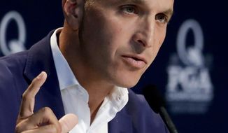 FILE - In this Aug. 8, 2017, file photo, Peter Bevacqua, then CEO of the PGA of America, speaks during a news conference at the PGA Championship golf tournament at the Quail Hollow Club in Charlotte, N.C. NBC will shut down the NBC Sports Network at the end of the year. NBC Sports Chairman Bevacqua announced the move Friday, Jan. 22, 2021, in an internal memo to staff. (AP Photo/Chris Carlson, File)
