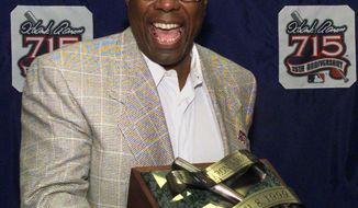 FILE - In this April 8, 1999, file photo, Major League Baseball&#39;s all-time career home run record holder Hank Aaron laughs as he shows off the newly unveiled &amp;quot;Hank Aaron Award&amp;quot; during a news conference in Atlanta. Hank Aaron, who endured racist threats with stoic dignity during his pursuit of Babe Ruth’s home run record and gracefully left his mark as one of baseball’s greatest all-around players, died Friday. He was 86.  The Atlanta Braves, Aaron&#39;s longtime team, said he died peacefully in his sleep. No cause was given. (AP Photo/John Bazemore, File)