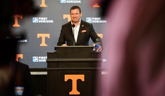 University of Tennessee&#39;s new Director of Athletics Danny White speaks during a press conference announcing his hiring in Knoxville, Tenn., Friday, Jan. 22, 2021. (Caitie McMekin/Knoxville News Sentinel via AP, Pool)