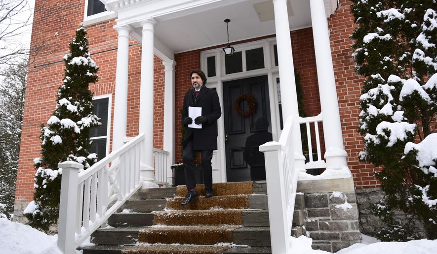 Prime Minister Justin Trudeau holds a press conference at Rideau Cottage in Ottawa on Friday, Jan. 22, 2021.  (Sean Kilpatrick/The Canadian Press via AP)