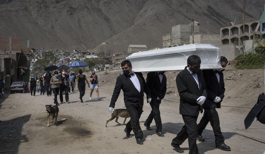 Funeral home workers carry the coffin of Pedro Miguel Infante Vilchez, 80, who died from COVID-19, to the &amp;quot;Martires 19 de Julio&amp;quot; cemetery in Comas, on the outskirts of Lima, Peru, Thursday, Jan. 21, 2021. (AP Photo/Rodrigo Abd)