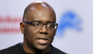 In this March 11, 2015, file photo, then-Detroit Lions general manager Martin Mayhew speaks during a news conference in Allen Park, Mich. Washington has hired Martin Mayhew to be its new general manager. The hiring of Mayhew makes Washington the only team in the NFL with a Black team president and GM. (AP Photo/Paul Sancya, File) **FILE**