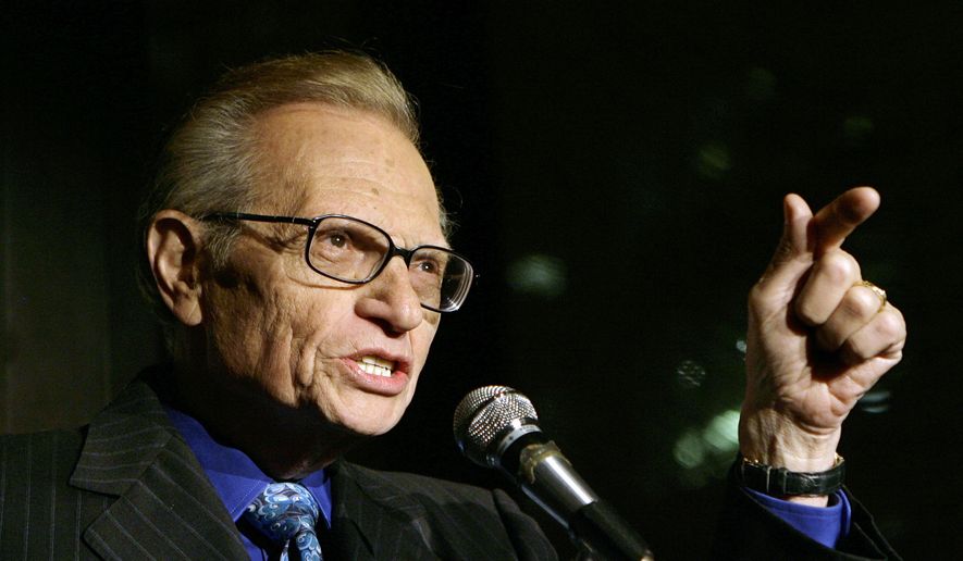 In this April 18, 2007, file photo, Larry King speaks to guests at a party held by CNN, celebrating King&#39;s fifty years of broadcasting in New York. (AP Photo/Stuart Ramson, File)