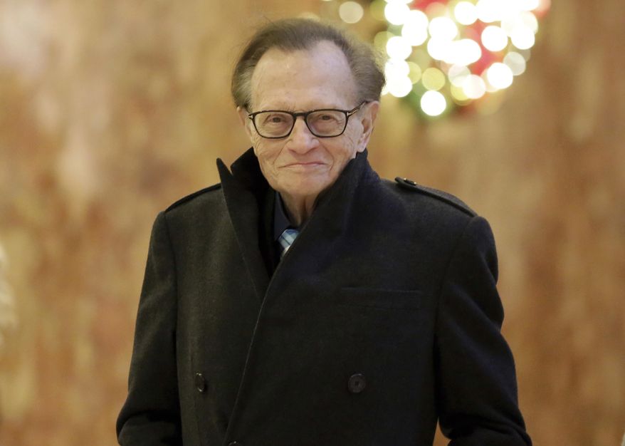FILE - In this Dec. 1, 2016 file photo, Larry King arrives at Trump Tower in New York.  King, who interviewed presidents, movie stars and ordinary Joes during a half-century in broadcasting, has died at age 87. Ora Media, the studio and network he co-founded, tweeted that King died Saturday, Jan. 23, 2021 morning at Cedars-Sinai Medical Center in Los Angeles.  (AP Photo/Richard Drew, File)