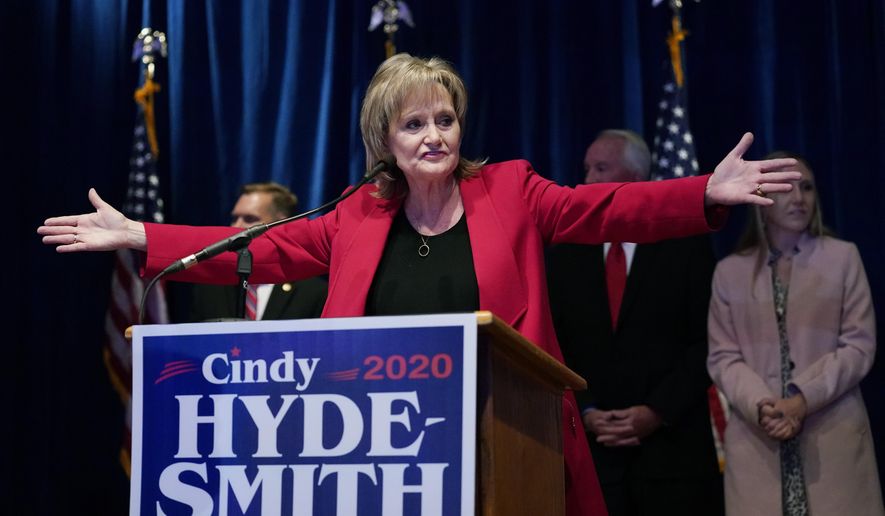 U.S. Sen. Cindy Hyde-Smith, R-Miss., thanks her volunteers and staff at her victory party in Jackson, Miss., Tuesday, Nov. 3, 2020. Hyde-Smith beat Democrat Mike Espy and Libertarian Jimmy Edwards. (AP Photo/Rogelio V. Solis)