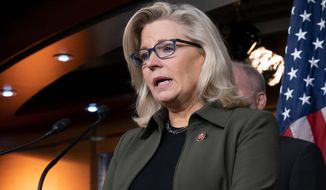 FILE - In this Dec. 17, 2019 file photo, Republican Conference chair Rep. Liz Cheney, R-Wyo., speaks with reporters at the Capitol in Washington. Sen. Anthony Bouchard, of Cheyenne, on Wednesday, Jan. 20, 2021 accused Cheney of being &quot;out of touch&quot; with Wyoming for her vote to impeach President Donald Trump in announcing he will run against her. (AP Photo/J. Scott Applewhite, File)