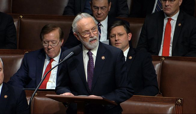 FILE - In this Dec. 18, 2019 file photo Rep. Dan Newhouse, R-Wash., speaks as the House of Representatives debates the articles of impeachment against President Donald Trump at the Capitol in Washington. Earlier this month Newhouse came out in favor of impeaching Trump over the riot at the Capitol. On Monday, Jan. 25, 2021, most of the Republican county leaders in Newhouse&#x27;s congressional district called for the lawmaker to resign because of his support for impeachment. (House Television via AP, File)