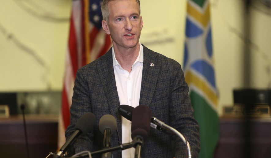 In this Aug. 30, 2020, photo, Portland Mayor Ted Wheeler speaks during a news conference. (Sean Meagher/The Oregonian via AP) **FILE**