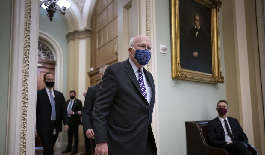 Sen. Patrick Leahy, D-Vt., the president pro tempore of the Senate, at the Capitol in Washington, Tuesday, Jan. 26, 2021. Mr. Leahy will preside in the impeachment of former President Donald Trump. (AP Photo/J. Scott Applewhite)  **FILE**