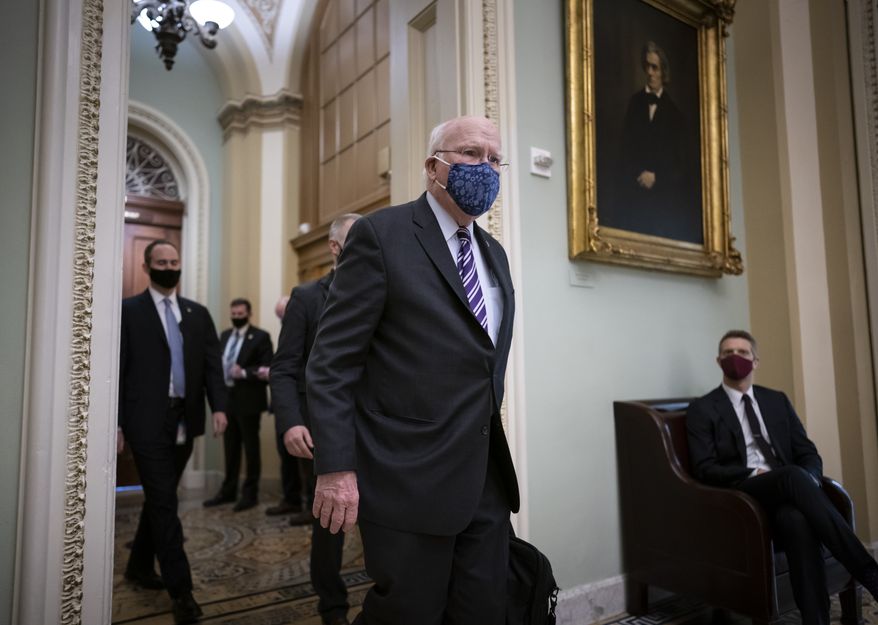 Sen. Patrick Leahy, D-Vt., the president pro tempore of the Senate, at the Capitol in Washington, Tuesday, Jan. 26, 2021. Mr. Leahy will preside in the impeachment of former President Donald Trump. (AP Photo/J. Scott Applewhite) **FILE**