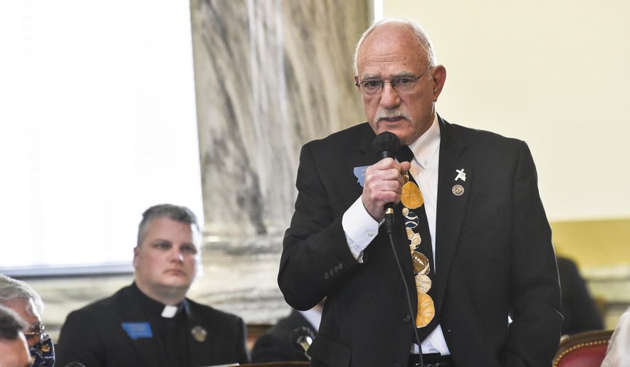 Rep. John Fuller, R-Whitefish, speaks on the house floor of the State Capitol in Helena, Mont. on Monday, Jan. 25, 2021. (Thom Bridge/Independent Record via AP)