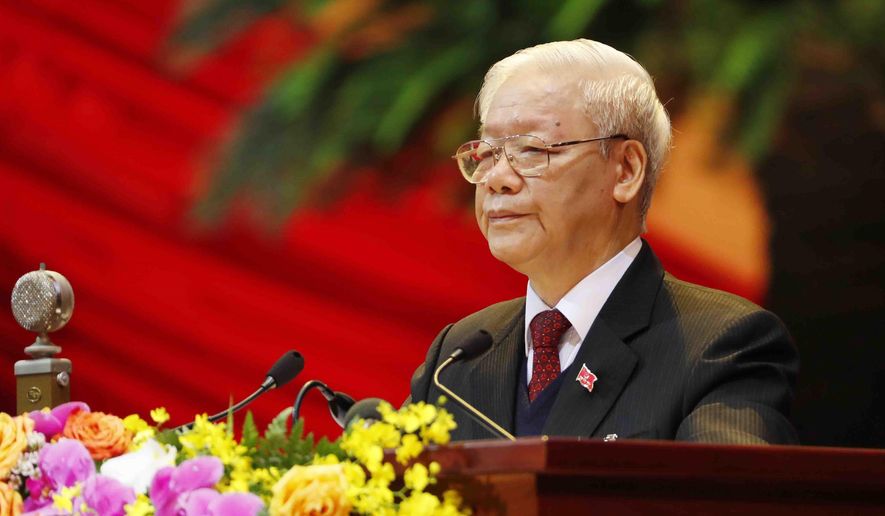 Vietnam Communist Party General Secretary Nguyen Phu Trong delivers a speech during the opening of 13th Communist Party Congress in Hanoi, Vietnam on Tuesday, Jan. 26, 2021. Vietnam&#x27;s ruling Communist Party has begun a crucial weeklong meeting in the capital Hanoi to set the nation&#x27;s path for the next five years and appoint the country&#x27;s top leaders. (An Van Dang/VNA via AP)