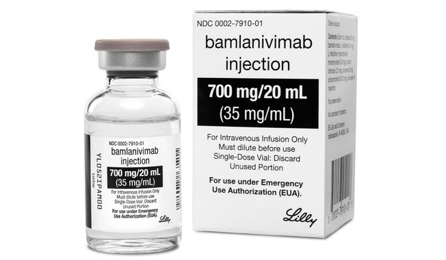 This photo provided by Eli Lilly shows the drug bamlanivimab. On Tuesday, Jan. 26, 2021, the company said that the two-antibody combo of bamlanivimab and etesevimab reduced the risk of hospitalizations or death by 70% in newly diagnosed, non-hospitalized COVID-19 patients at high risk of serious illness because of age or other health conditions. (Eli Lilly via AP)