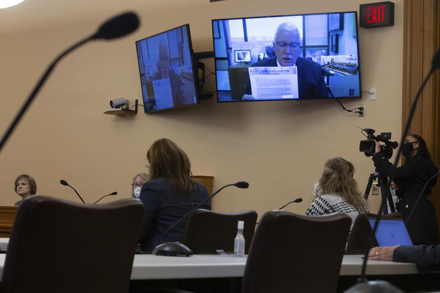 Lee Norman, Kansas secretary of health and environment, speaks via video conference to a joint committee between House and Senate members Tuesday, Jan. 26, 2021, at the Statehouse in Topeka, Kan. (Evert Nelson/The Topeka Capital-Journal via AP)