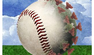 Illustration on baseball and COVID by Alexander Hunter/The Washington Times