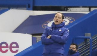 Chelsea&#39;s new head coach Thomas Tuchel reacts during the English Premier League soccer match between Chelsea and Wolverhampton Wanderers at Stamford Bridge Stadium in London, England, Wednesday, Jan. 27, 2021. (AP Photo/Frank Augstein)
