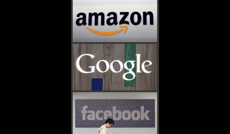 This photo combo of images shows the Amazon, Google and Facebook logos. (AP Photo, file)  **FILE**