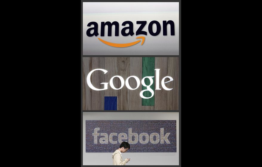This photo combo of images shows the Amazon, Google and Facebook logos. (AP Photo, file)  **FILE**