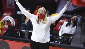 Maryland coach Brenda Frese gestures during the second quarter of the team&#39;s NCAA college basketball game against Michigan State on Thursday, Jan. 28, 2021, in College Park, Md. (Paul W. Gillespie/The Baltimore Sun via AP)