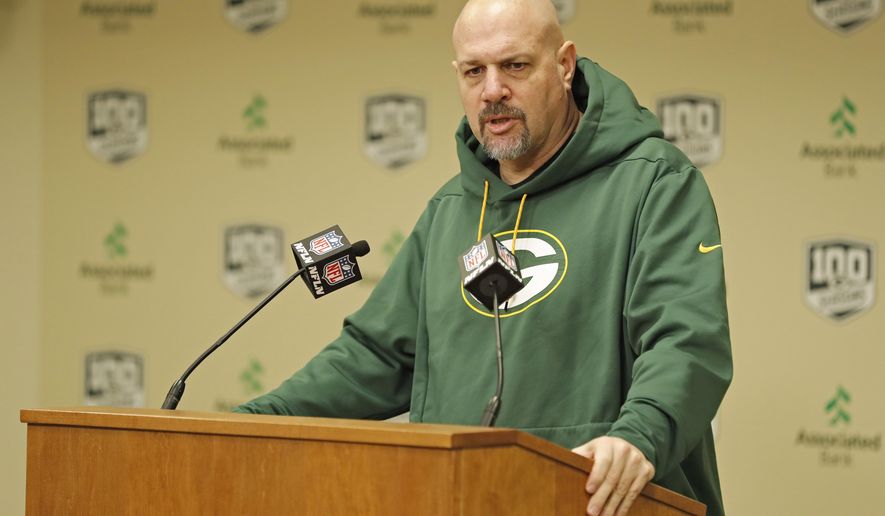 FILE - In this Feb. 18, 2019, file photo, Green Bay Packers&#x27; defensive coordinator Mike Pettine addresses the media during a news conference in Green Bay, Wisc. Pettine and special teams coordinator Shawn Mennenga have been fired after the team’s second straight NFC championship game loss. Packers coach Matt LaFleur made the announcement Friday, Jan. 29, 2021. (AP Photo/Matt Ludtke, File)