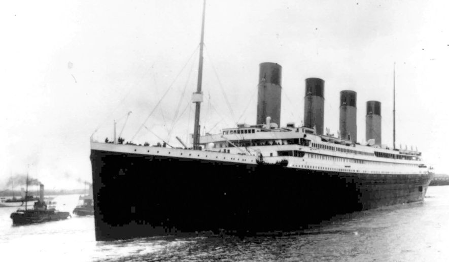 FILE - In this April 10, 1912 file photo the Titanic leaves Southampton, England on her maiden voyage. The company that owns the salvage rights to the Titanic shipwreck has indefinitely delayed plans to retrieve and exhibit the vessel’s radio equipment because of the coronavirus pandemic, according to a court filing made by the firm on Friday Jan. 29, 2021. (AP Photo/File)