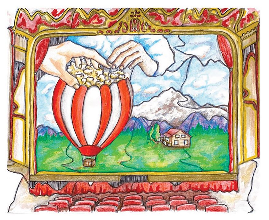 This photo provided by Eloisa Lynch-Rocha shows her artwork titled "Popcorn Adventures," depicting a birthday card that shows a surreal, puzzle-like image of a hot air balloon-popcorn holder with two different hands reaching into the bucket. The entire scene is depicted on a movie screen. (Eloisa Lynch-Rocha via AP)