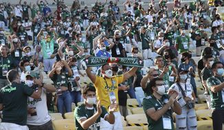 Fans of Brazil&#39;s Palmeiras cheer prior a Copa Libertadores final soccer match against Brazil&#39;s Santos at the Maracana stadium in Rio de Janeiro, Brazil, Saturday, Jan. 30, 2021. (Ricardo Moraes/Pool via AP)