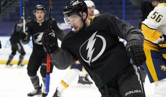 Tampa Bay Lightning center Tyler Johnson (9) celebrates his goal against the Nashville Predators during the second period of an NHL hockey game Saturday, Jan. 30, 2021, in Tampa, Fla. (AP Photo/Chris O&#39;Meara)