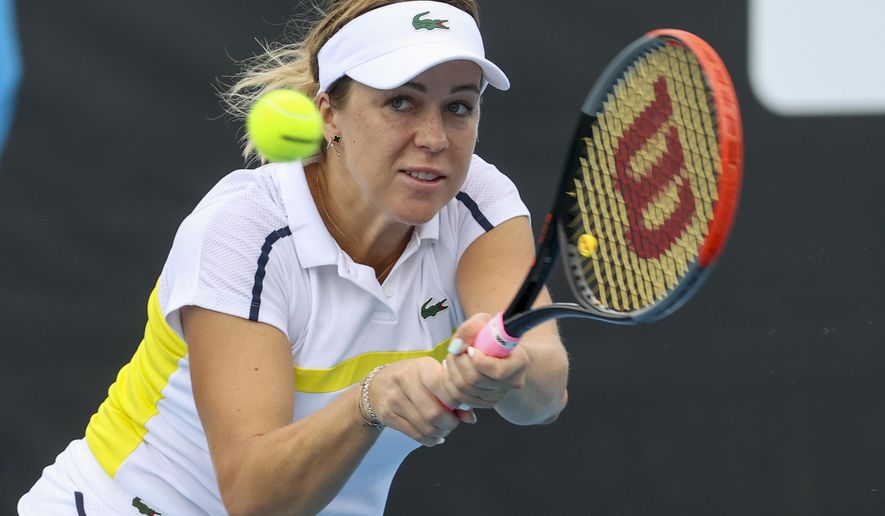 Russia's Anastasia Pavlyuchenkova makes a backhand return to Japan's Misaki Doi during a tuneup tournament ahead of the Australian Open tennis championships in Melbourne, Australia, Monday, Feb. 1, 2021. (AP Photo/Hamish Blair)