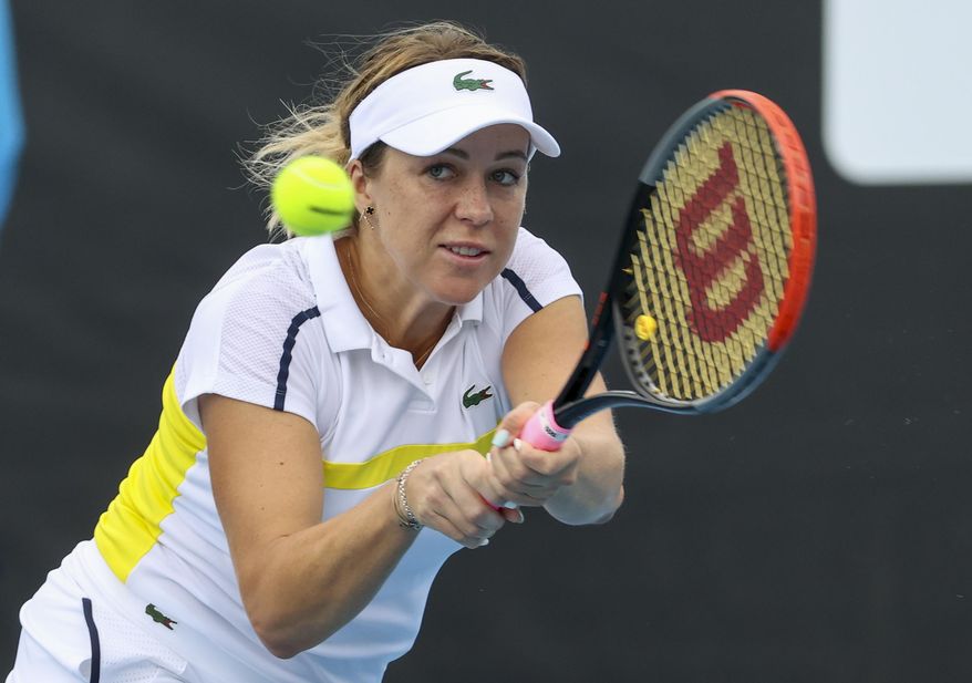 Russia's Anastasia Pavlyuchenkova makes a backhand return to Japan's Misaki Doi during a tuneup tournament ahead of the Australian Open tennis championships in Melbourne, Australia, Monday, Feb. 1, 2021. (AP Photo/Hamish Blair)