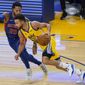 Golden State Warriors guard Stephen Curry (30) drives toward the basket against Detroit Pistons guard Derrick Rose (25) during the first half of an NBA basketball game in San Francisco, Saturday, Jan. 30, 2021. (AP Photo/Jeff Chiu)