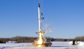 This Jan. 31, 2021 image provided by bluShift Aerospace shows The Knack Factory in Limestone, Maine, where an unmanned rocket lifts off in a test run. It was the first commercial rocket launch in Maine history. (bluShift Aerospace via AP)