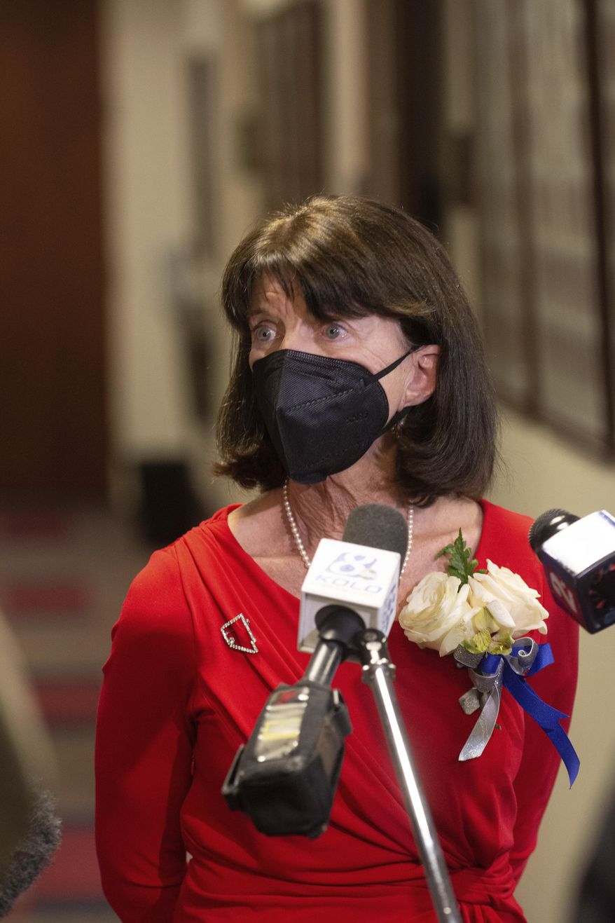 Assembly Minority Leader Dr. Robin Titus gives an interview on the first day of the 81st session of the Nevada Legislature in Carson City on Monday, Feb. 1, 2021. (David Calvert/The Nevada Independent via AP, Pool)
